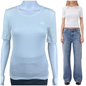 GANNI White Rib Knit Short Sleeve T-Shirt SMALL Soft Cotton Preppy Academia